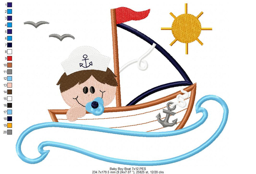 Baby Boy in a Sail Boat - Applique - Machine Embroidery Design