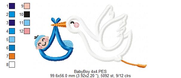 👶 Baby Boy Delivery by Stork 💙 – Appliqué – Machine Embroidery Design