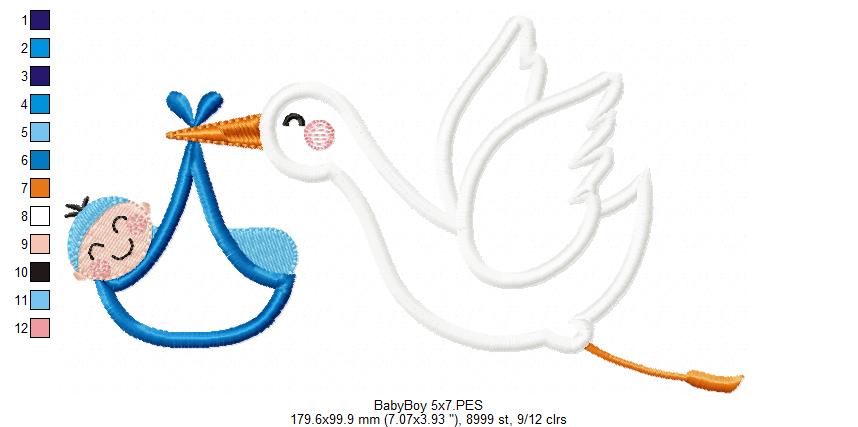 👶 Baby Boy Delivery by Stork 💙 – Appliqué – Machine Embroidery Design
