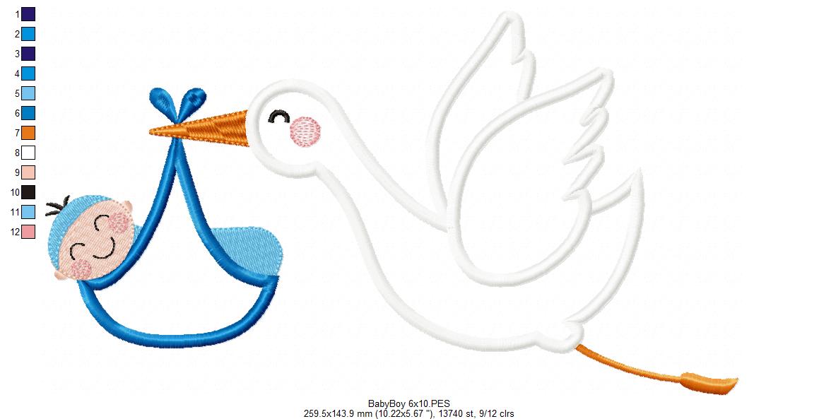 👶 Baby Boy Delivery by Stork 💙 – Appliqué – Machine Embroidery Design