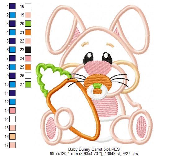 Easter Baby Bunny Holding Carrot - Applique - Machine Embroidery Design