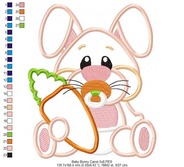 Easter Baby Bunny Holding Carrot - Applique - Machine Embroidery Design