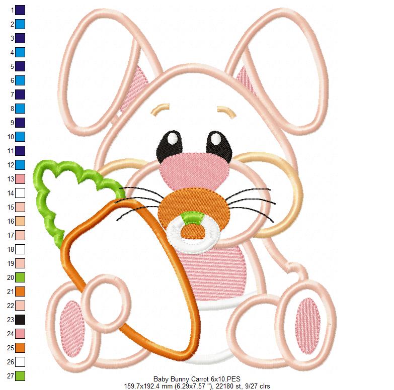 Easter Baby Bunny Holding Carrot - Applique - Machine Embroidery Design