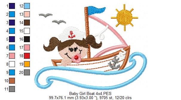 Baby Boy and Girl in a Sail Boat - Applique - Set of 2 Designs - Machine Embroidery Design