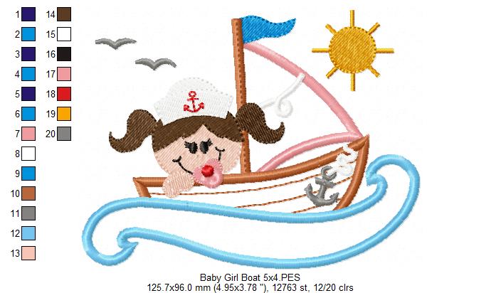Baby Girl in a Sail Boat - Applique - Machine Embroidery Design