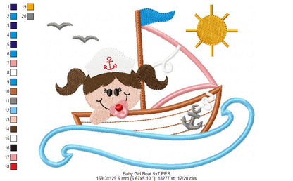 Baby Girl in a Sail Boat - Applique - Machine Embroidery Design