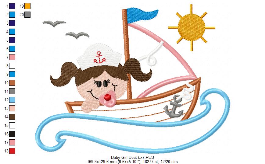 Baby Girl in a Sail Boat - Applique - Machine Embroidery Design