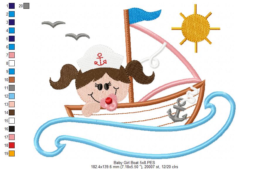 Baby Girl in a Sail Boat - Applique - Machine Embroidery Design