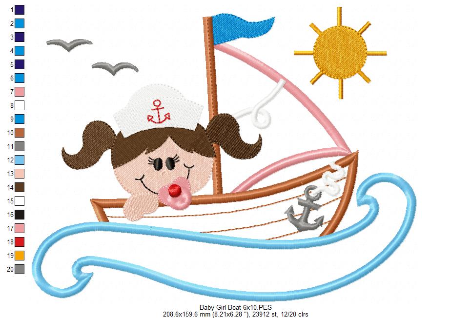 Baby Boy and Girl in a Sail Boat - Applique - Set of 2 Designs - Machine Embroidery Design