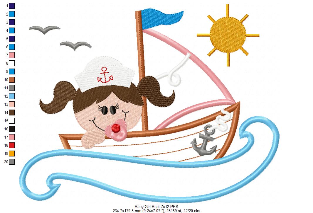 Baby Boy and Girl in a Sail Boat - Applique - Set of 2 Designs - Machine Embroidery Design