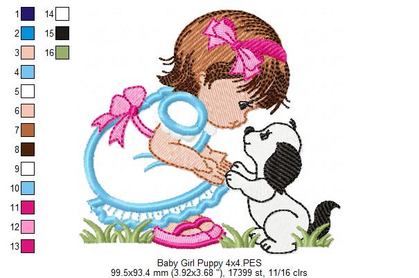 Baby Girl and Puppy - Applique - Machine Embroidery Design