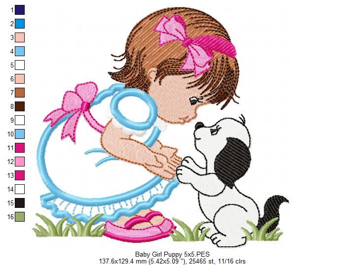 Baby Girl and Puppy - Applique - Machine Embroidery Design