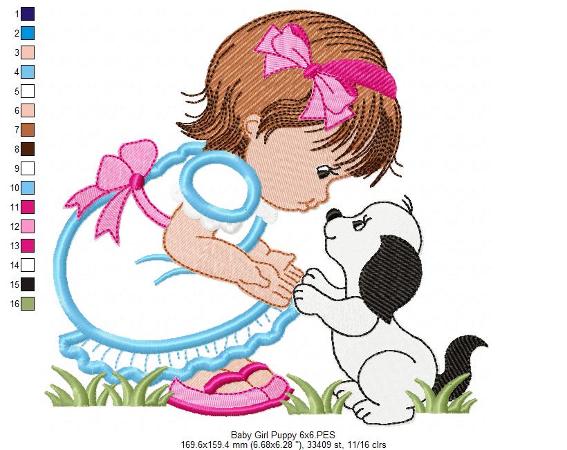 Baby Girl and Puppy - Applique - Machine Embroidery Design