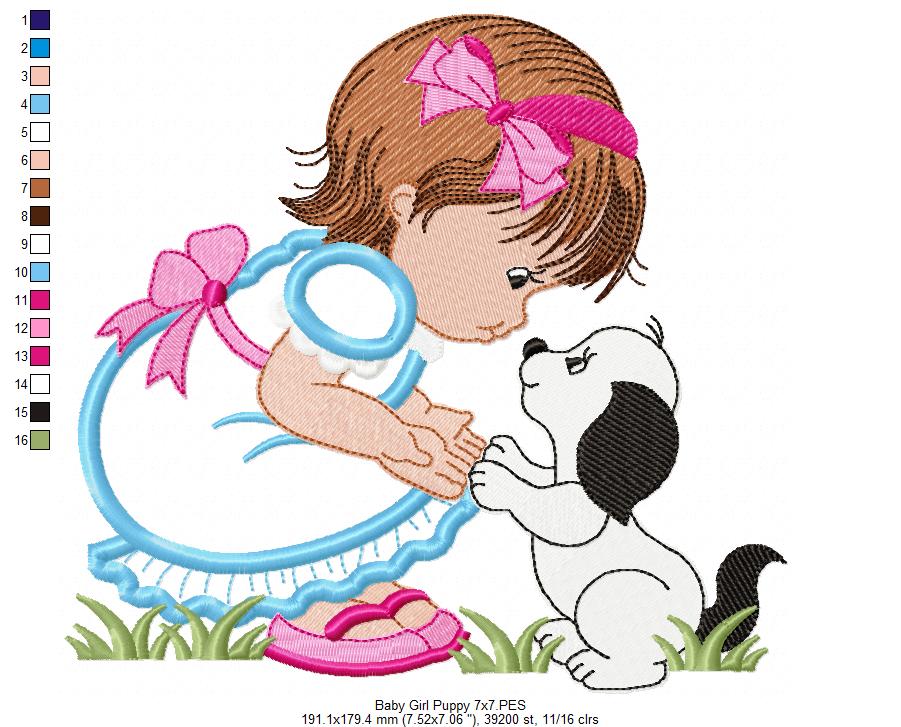 Baby Girl and Puppy - Applique - Machine Embroidery Design