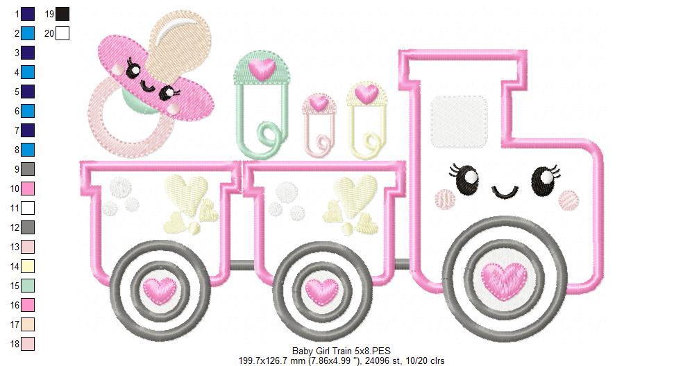 Baby Girl Train - Applique - Machine Embroidery Design