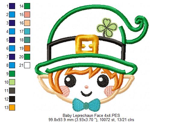 Baby Leprechaun Face  - Applique - Machine Embroidery Design