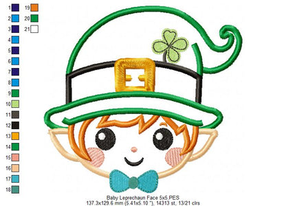 Baby Leprechaun Face  - Applique - Machine Embroidery Design
