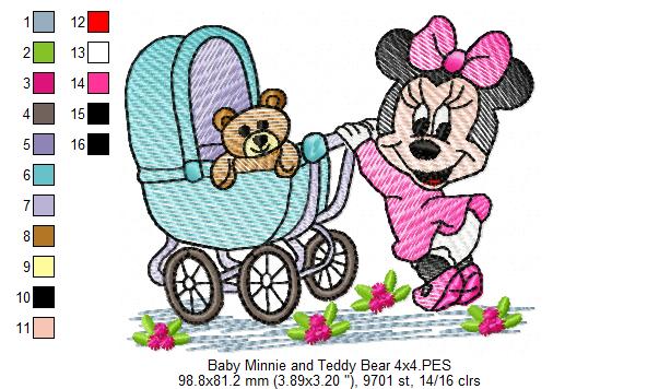 Baby Mouse Girl and Teddy Bear - Rippled Stitch - Machine Embroidery Design