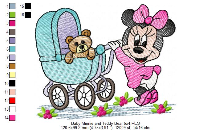 Baby Mouse Girl and Teddy Bear - Rippled Stitch - Machine Embroidery Design