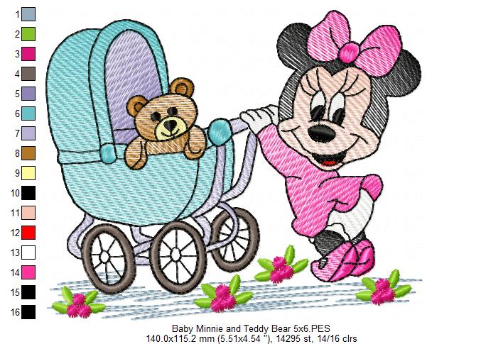 Baby Mouse Girl and Teddy Bear - Rippled Stitch - Machine Embroidery Design