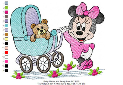 Baby Mouse Girl and Teddy Bear - Rippled Stitch - Machine Embroidery Design