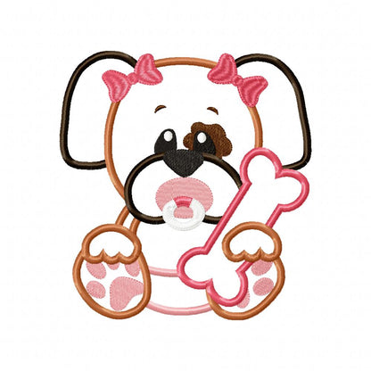 Baby Puppy Girl Holding a Bone - Applique