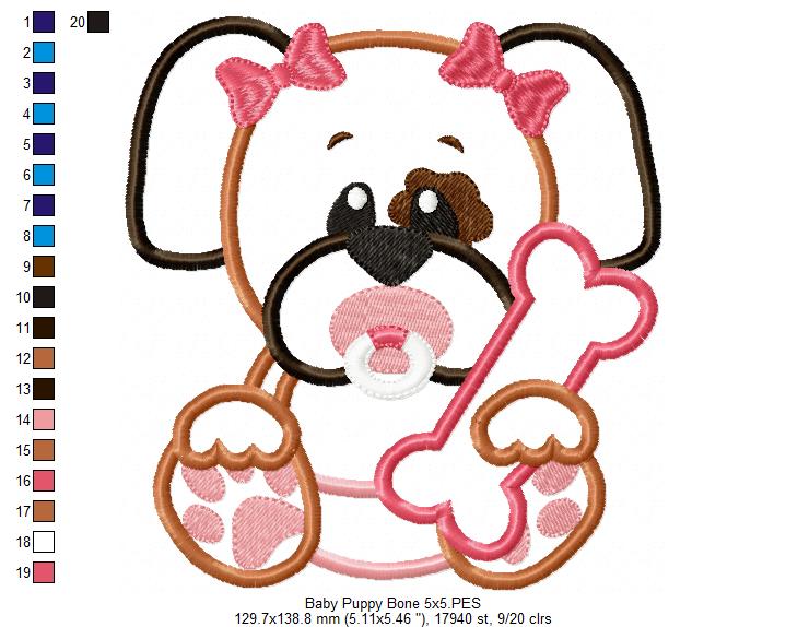 Baby Puppy Girl Holding a Bone - Applique