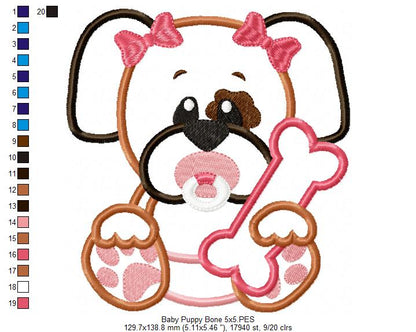 Baby Puppy Girl Holding a Bone - Applique