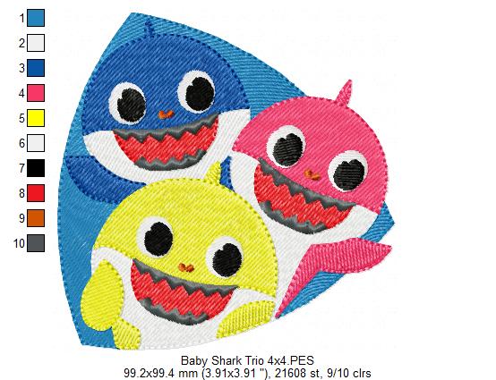 Baby Shark Trio - Fill Stitch - Machine Embroidery Design