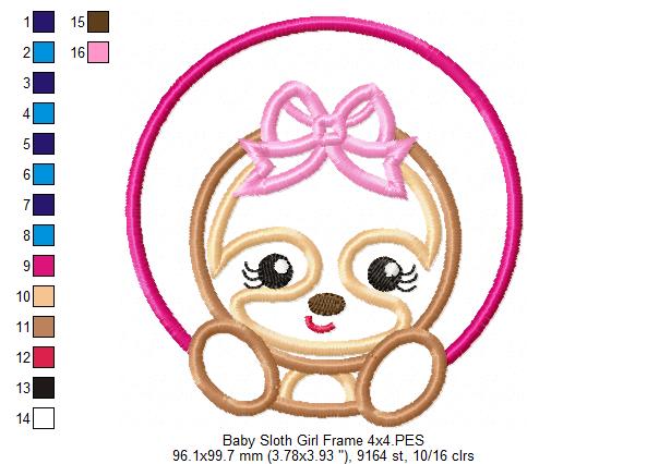 Baby Sloth Girl Frame - Applique - Machine Embroidery Design