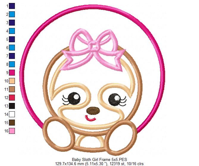 Baby Sloth Girl Frame - Applique - Machine Embroidery Design