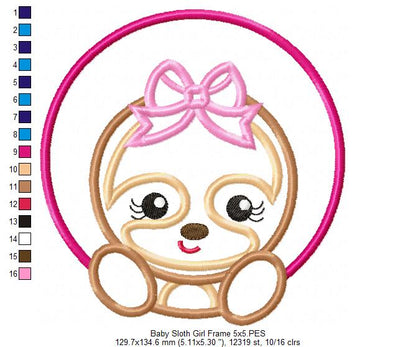 Baby Sloth Girl Frame - Applique - Machine Embroidery Design
