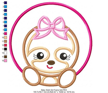 Baby Sloth Girl Frame - Applique - Machine Embroidery Design