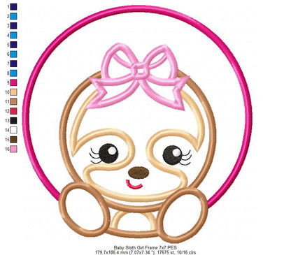 Baby Sloth Girl Frame - Applique - Machine Embroidery Design