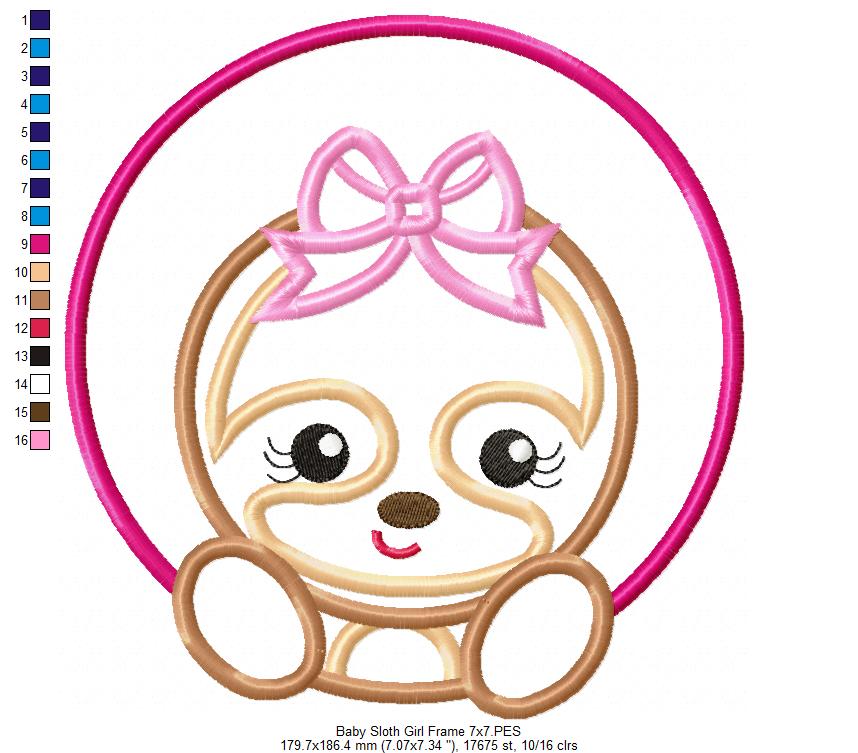 Baby Sloth Girl Frame - Applique - Machine Embroidery Design