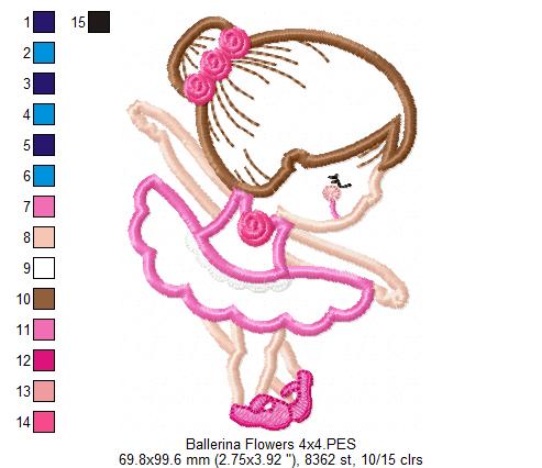 Sweet Little Ballerina with Flowers - Applique - Machine Embroidery Design