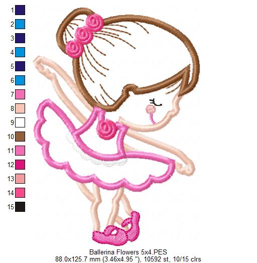 Sweet Little Ballerina with Flowers - Applique - Machine Embroidery Design