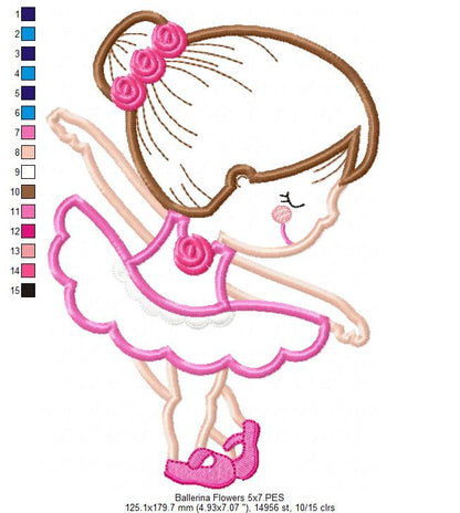 Sweet Little Ballerina with Flowers - Applique - Machine Embroidery Design