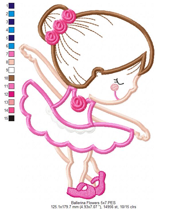 Sweet Little Ballerina with Flowers - Applique - Machine Embroidery Design