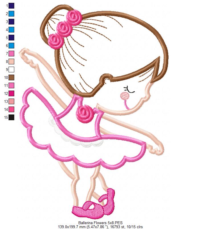 Sweet Little Ballerina with Flowers - Applique - Machine Embroidery Design