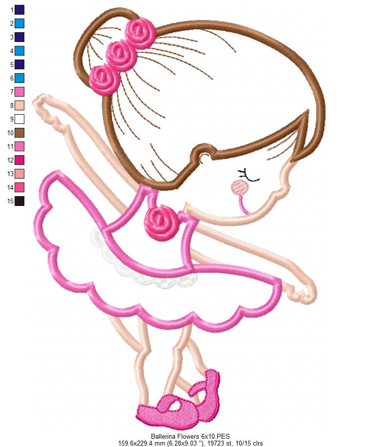 Sweet Little Ballerina with Flowers - Applique - Machine Embroidery Design