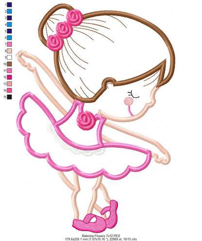 Sweet Little Ballerina with Flowers - Applique - Machine Embroidery Design