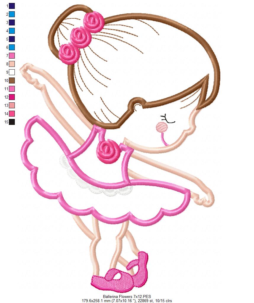 Sweet Little Ballerina with Flowers - Applique - Machine Embroidery Design