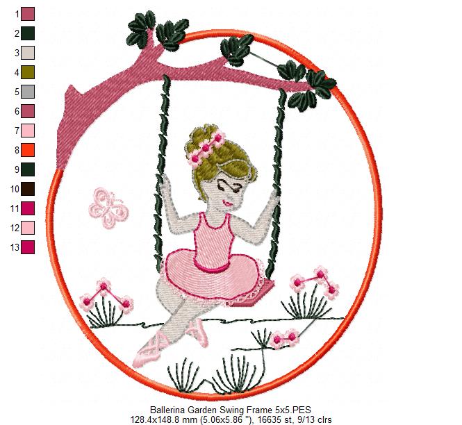 Ballerina on the Garden Swing - Fill Stitch Embroidery