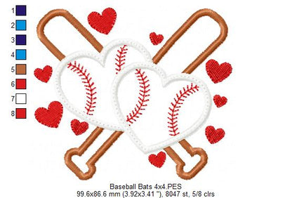 Baseball Bats and Hearts - Applique - Machine Embroidery Design