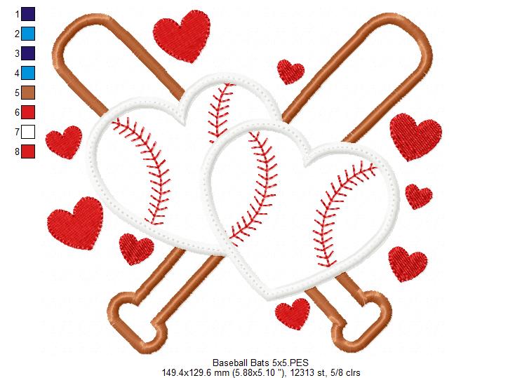 Baseball Bats and Hearts - Applique - Machine Embroidery Design