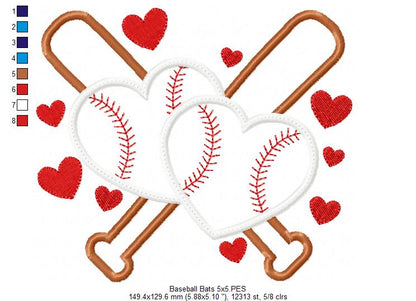 Baseball Bats and Hearts - Applique - Machine Embroidery Design