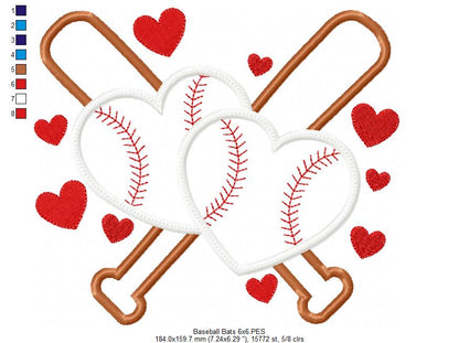 Baseball Bats and Hearts - Applique - Machine Embroidery Design