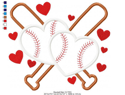 Baseball Bats and Hearts - Applique - Machine Embroidery Design