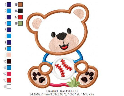 Baseball Teddy Bear 🧸⚾ – Applique - Machine Embroidery Design